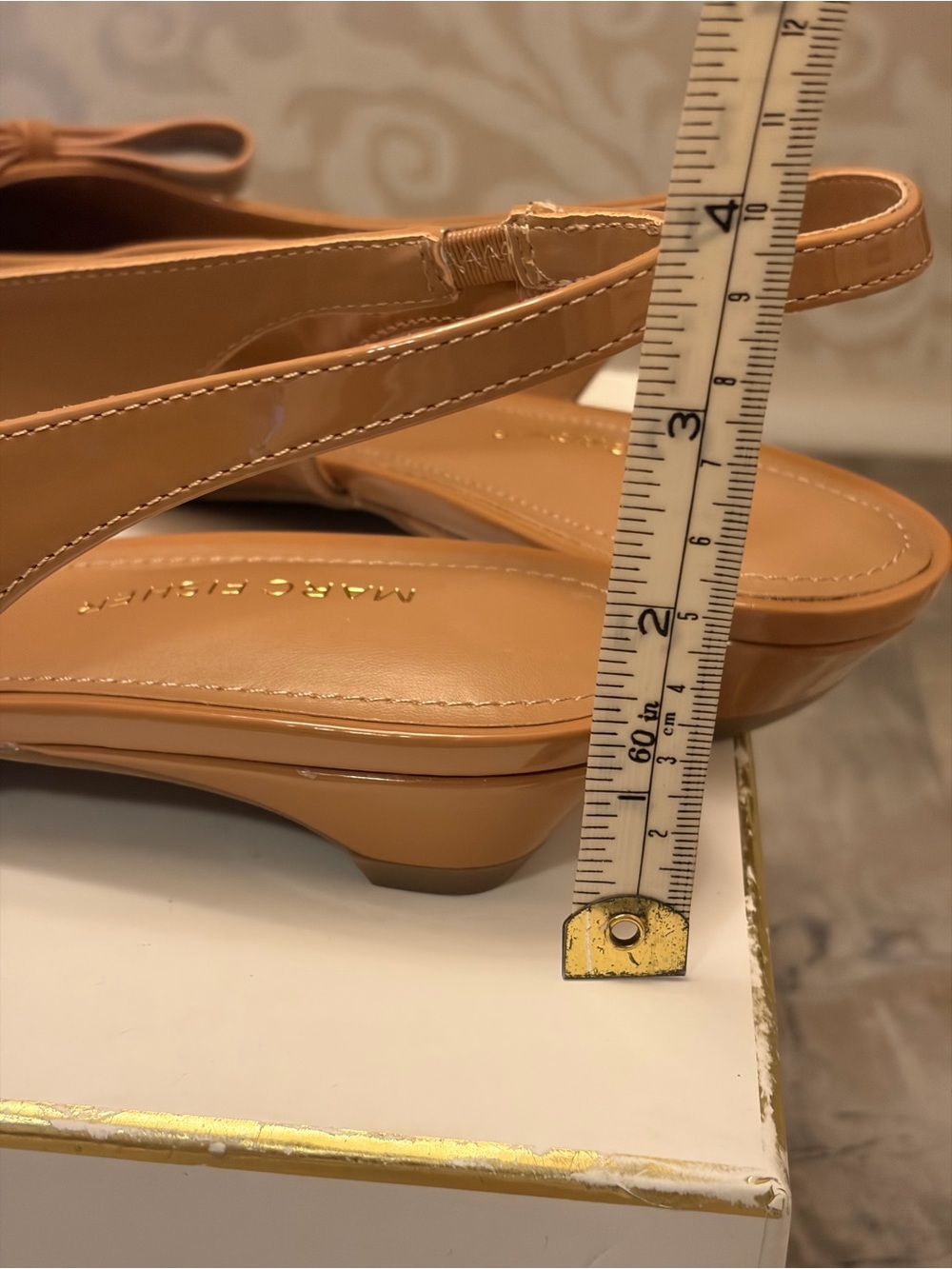 Marc Fisher Tan Patent Pointed Slingback Flats with Bow - Picture 8 of 9